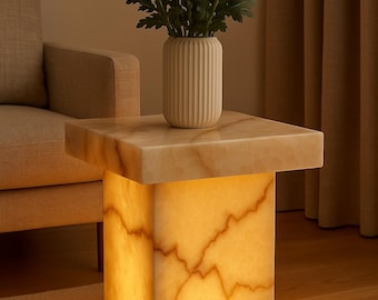 Mesa de pedestal de ónix marfil hecha a mano: mesa auxiliar minimalista moderna