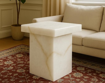 Mesa de pedestal de ónix blanco translúcido: mesa auxiliar moderna e iluminada