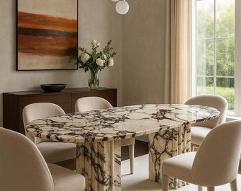 Mesa de comedor de mármol Calacatta Viola hecha a mano: Mesa de piedra con pedestal ovalado /