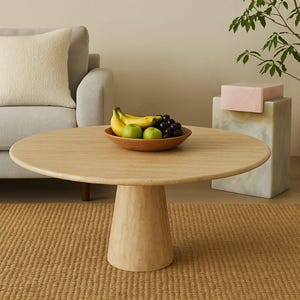 Handcrafted Beige Travertine Coffee Table – Customizable Round Stone Table