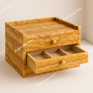 Handcrafted Golden Onyx Jewelry Box: Brass Knobs, Vanity Organizer