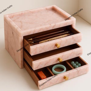 Handcrafted Pink Onyx Jewelry Box: Brass Knobs, Vanity Organizer