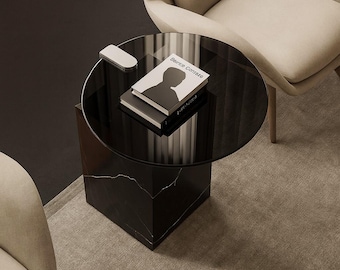 Black Marquina Marble Coffee Table: Round Black Glass Top, Modern Stone Furniture