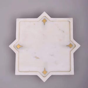 Star-Shaped White Marble Tray: Brass Inlay, Ottoman & Bathroom Decor