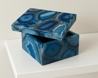 Blue Agate Stone Jewelry Box: Handmade Gemstone Storage & Decor