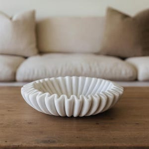 Hand-Carved White Marble Decorative Bowl – Modern Fluted Centerpiece | Home and Office Decor