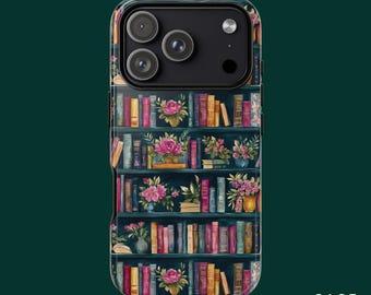 May include: A smartphone case featuring a dark teal bookshelf pattern with rows of colourful books and various floral arrangements tucked between them. The design includes pink, yellow, and blue flowers, with a black camera cutout at the top.