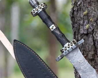 Hand Forged Damascus Steel Sword, Handmade Sword with Black Leather Sheath Personalized Gift, Best Gift For Him, Anniversary Gift