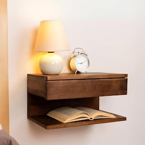 Handmade Walnut Floating Nightstand with Drawer – Wall Mounted Wood Bedside Shelf – Minimalist Floating Table for Bedroom Storage