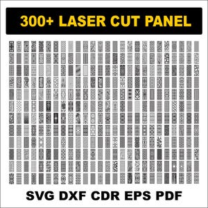 Peut inclure: Une collection numérique de plus de 300 modèles de panneaux découpés au laser disposés en grille. Chaque panneau rectangulaire présente un motif géométrique ou organique noir et blanc unique. Le texte 300+ LASER CUT PANEL et SVG DXF CDR EPS PDF est inclus.