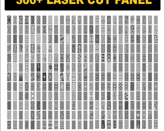May include: A digital collection of 300+ laser cut panel designs arranged in a grid. Each rectangular panel features a unique black and white geometric or organic pattern. The text 300+ LASER CUT PANEL and SVG DXF CDR EPS PDF is included.