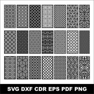 May include: A selection of black and white decorative panel designs with diverse geometric and floral patterns. The panels are rectangular and feature intricate cut-out designs. The bottom of the image displays the text "SVG DXF CDR EPS PDF PNG".