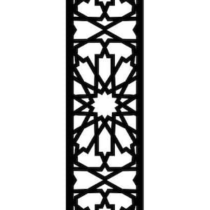 May include: A tall, rectangular black decorative panel with a geometric, star-like pattern. The design is symmetrical and repeated vertically, creating a visually interesting border or screen element.