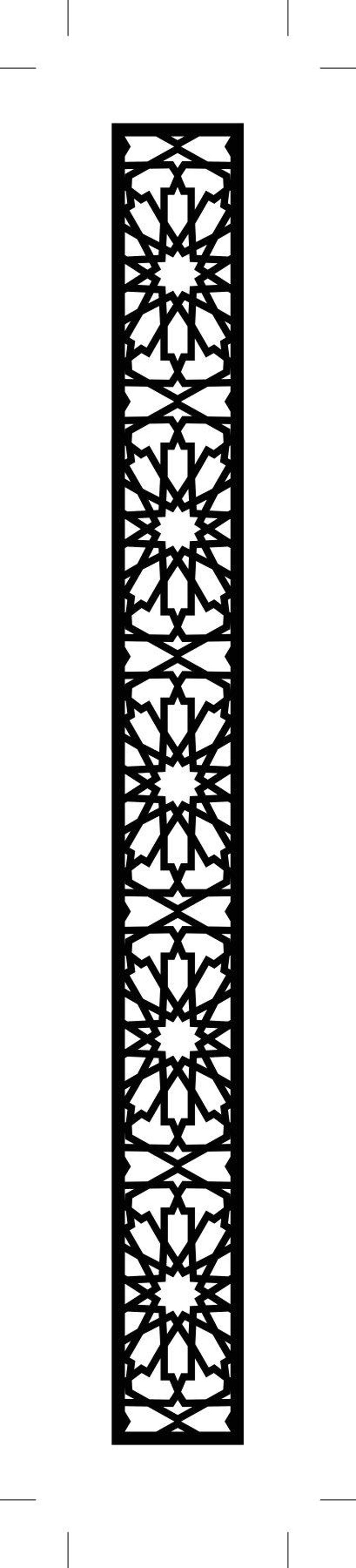May include: A tall, rectangular black decorative panel with a geometric, star-like pattern. The design is symmetrical and repeated vertically, creating a visually interesting border or screen element.