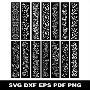 Könnte beinhalten: Eine Sammlung schwarzer rechteckiger Tafeln mit aufwendigen weißen Blumen- und Scroll-Designs. Der Text "SVG DXF EPS PDF PNG" ist unten zu sehen, der Dateiformate angibt.