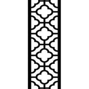 May include: A tall, black, decorative panel with a repeating pattern of stylized quatrefoils. The design is symmetrical and creates a visually interesting border or divider. The panel is likely made of wood or metal.