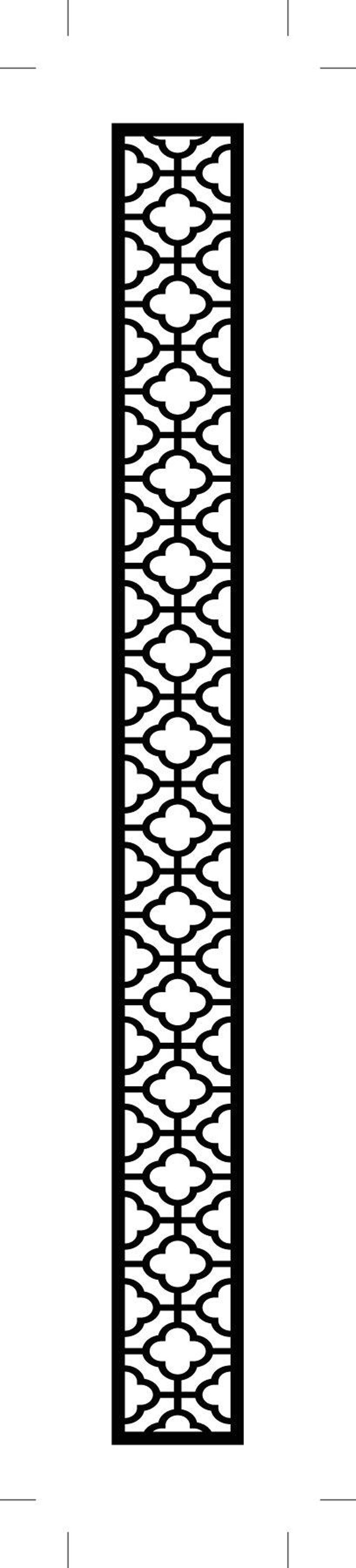 May include: A tall, black, decorative panel with a repeating pattern of stylized quatrefoils. The design is symmetrical and creates a visually interesting border or divider. The panel is likely made of wood or metal.