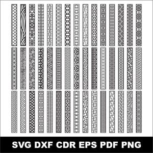 Op de afbeelding: Een verzameling van 36 verticale decoratieve panelen met ingewikkelde, opengewerkte ontwerpen. De panelen tonen een verscheidenheid aan geometrische en organische patronen in zwart en wit. De onderkant van de afbeelding toont de tekst "SVG DXF CDR EPS PDF PNG".