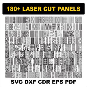 May include: A collection of over 180 black and white rectangular laser cut panels featuring diverse geometric, floral, and abstract patterns. The image includes the text 180+ LASER CUT PANELS at the top and SVG DXF CDR EPS PDF at the bottom.