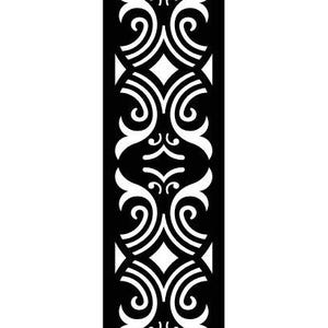 May include: A black and white decorative panel with an intricate, repeating pattern of swirling lines, curves, and diamond shapes. The design is symmetrical and vertical, suitable for various decorative applications.