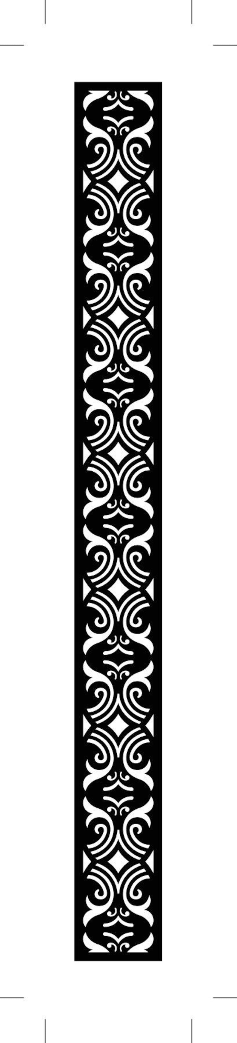 May include: A black and white decorative panel with an intricate, repeating pattern of swirling lines, curves, and diamond shapes. The design is symmetrical and vertical, suitable for various decorative applications.