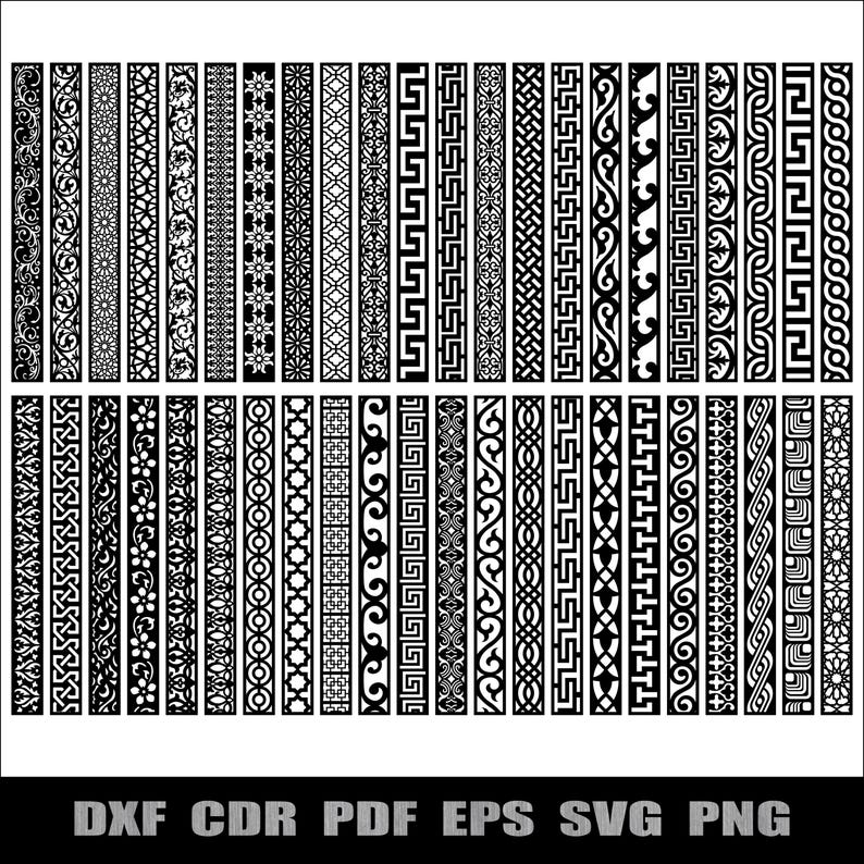 May include: A collection of black and white decorative border designs. The borders feature various patterns, including floral, geometric, and abstract motifs. The image includes the text "DXF CDR PDF EPS SVG PNG".