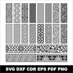 May include: A collection of twenty-four rectangular panels featuring diverse black and white laser-cut patterns, including floral, geometric, and abstract designs. The bottom text reads SVG DXF CDR EPS PDF PNG.