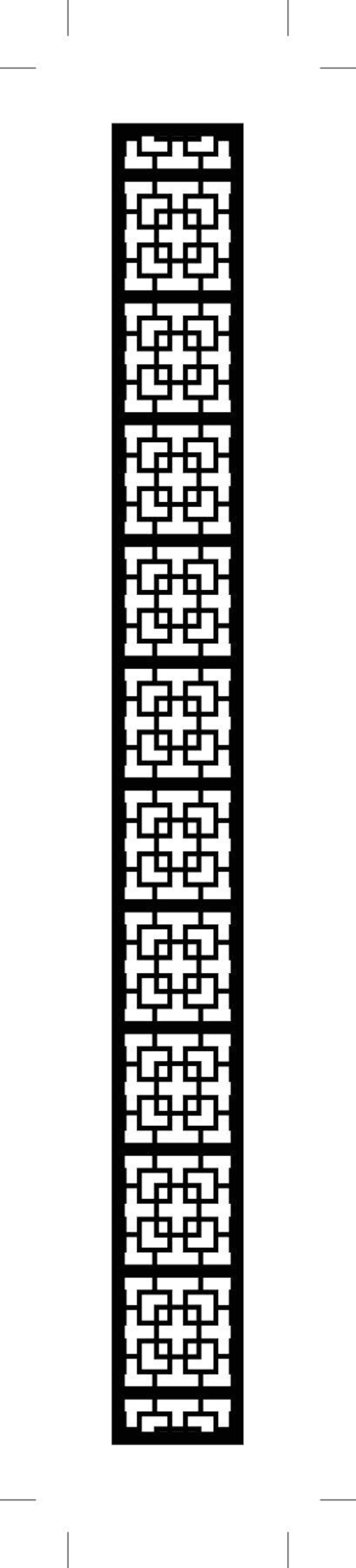 May include: Black rectangular panel with a repeating geometric square pattern. The design is a series of connected squares and rectangles, creating an open, lattice-like structure. Ideal for decorative screens.