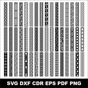 May include: A collection of black and white decorative panel designs in a vertical format. The panels feature various intricate patterns, including geometric shapes, floral motifs, and abstract designs. The bottom of the image displays file format options: SVG, DXF, CDR, EPS, PDF, and PNG.