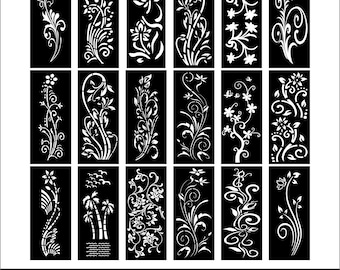 May include: A collection of eighteen rectangular panels featuring white floral, botanical, and palm tree silhouettes on a black background. The bottom of the image displays the text SVG DXF CDR EPS PDF PNG in white capital letters on a black bar.