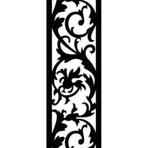 May include: Black decorative panel with a repeating floral scroll design. The panel is rectangular and features a symmetrical pattern of stylized leaves and curves, suitable for home decor.