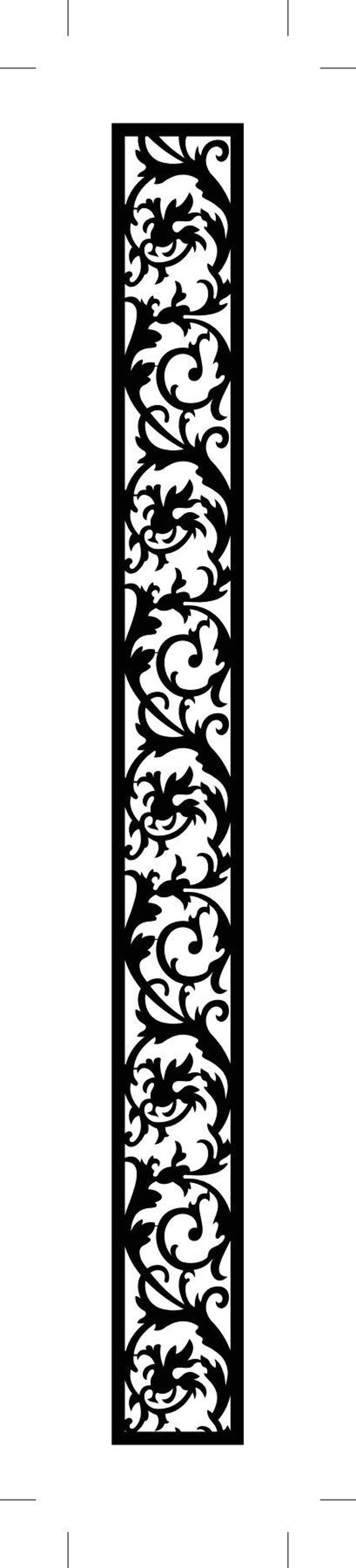 May include: Black decorative panel with a repeating floral scroll design. The panel is rectangular and features a symmetrical pattern of stylized leaves and curves, suitable for home decor.