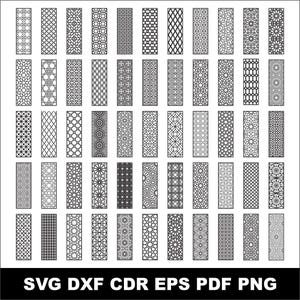 May include: A collection of sixty rectangular panels arranged in a grid, each featuring a unique black geometric laser-cut pattern on a white background. The bottom of the image displays the text SVG DXF CDR EPS PDF PNG in black capital letters.