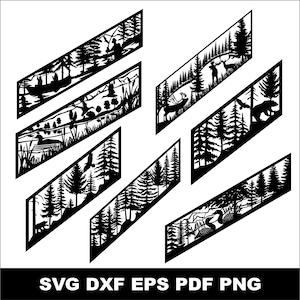 Puede incluir: Diseños de siluetas en blanco y negro de escenas al aire libre, que incluyen bosques, vida silvestre y pesca. Los diseños están en marcos rectangulares en ángulo. El texto en la parte inferior dice "SVG DXF EPS PDF PNG".