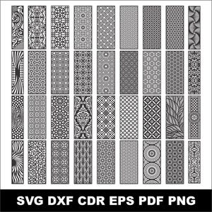 May include: A collection of black and white decorative panel designs with various geometric and floral patterns. The image includes the file formats SVG, DXF, CDR, EPS, PDF, and PNG.