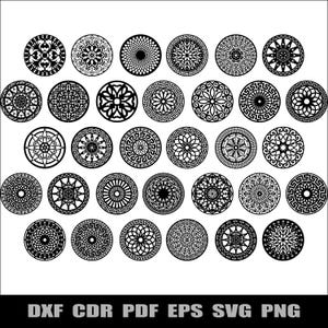 Op de afbeelding: Een verzameling van 30 zwarte, cirkelvormige decoratieve ontwerpen met ingewikkelde patronen. De ontwerpen variëren, waaronder bloemen-, geometrische en abstracte motieven. De onderkant van de afbeelding toont bestandsformaatopties: DXF, CDR, PDF, EPS, SVG en PNG.