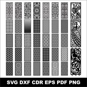 May include: A collection of black laser cut panels with various intricate patterns, including floral, geometric, and abstract designs. The image also includes the text "SVG DXF CDR EPS PDF PNG" at the bottom, indicating file formats.