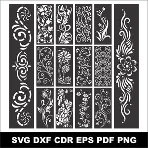 Könnte beinhalten: Eine Sammlung rechteckiger Schablonen mit weißen Blumen-, Ranken- und Palmenmustern auf schwarzem Hintergrund. Das Set enthält verschiedene komplexe botanische Designs und Schnörkelmotive. Der Text SVG DXF CDR EPS PDF PNG ist unten abgebildet.