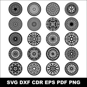 Può includere: Una collezione di venti disegni circolari neri con motivi intricati. I disegni variano, tra cui motivi floreali, geometrici e astratti. Il testo "SVG DXF CDR EPS PDF PNG" è visualizzato nella parte inferiore dell'immagine.