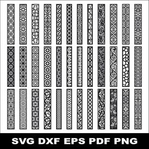Könnte beinhalten: Eine Sammlung schwarzer, vertikaler Dekorplatten mit verschiedenen, aufwendigen Ausschnittmustern. Die Platten zeigen geometrische Muster, florale Motive und abstrakte Formen. Das Bild enthält unten den Text "SVG DXF EPS PDF PNG", der Dateiformate angibt.