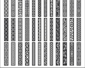 May include: A collection of black, vertical decorative panels with various intricate cut-out designs. The panels feature geometric patterns, floral motifs, and abstract shapes. The image includes the text "SVG DXF EPS PDF PNG" at the bottom, indicating file formats.