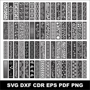 Puede incluir: Una colección de diseños de paneles decorativos en blanco y negro. Los paneles presentan varios patrones florales, geométricos y abstractos. La parte inferior de la imagen muestra el texto "SVG DXF CDR EPS PDF PNG".
