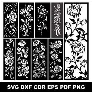 Peut inclure: Un ensemble de neuf panneaux rectangulaires présentant des motifs floraux en noir et blanc avec des roses, des vignes et des feuilles. Un panneau inclut une silhouette de profil et un autre des caractères chinois. Le texte SVG DXF CDR EPS PDF PNG est en bas.