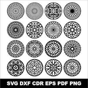 May include: Sixteen black circular decorative designs with intricate patterns. The designs vary, including floral, geometric, and abstract motifs. The bottom of the image displays the text "SVG DXF CDR EPS PDF PNG".