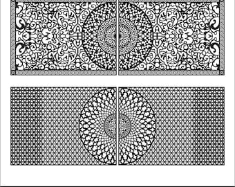 May include: Black laser-cut decorative panels with intricate patterns. The top panels feature floral and geometric designs, while the bottom panels have a geometric pattern. The image includes the text "SVG DXF CDR EPS PDF PNG".