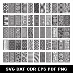 Peut inclure: Une collection de cinquante panneaux rectangulaires présentant divers motifs noirs et blancs géométriques, floraux et abstraits découpés au laser, disposés en grille. Le texte SVG DXF CDR EPS PDF PNG est affiché en blanc en bas de l'image.