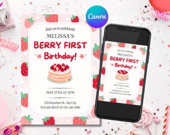 Berry First Birthday Invitation, Red Strawberry 1st Birthday Invite, 1st birthday girl, Editable Birthday invitation