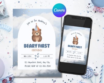 Beary First Birthday Invitation, Teddy Bear First Birthday Invite Boy, Blue Editable Invitation, Birthday Party Invite