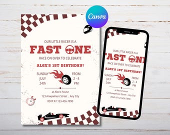 Fast One Birthday Invitation, Race Car Theme Invite, Red 1st Birthday Boy Party Invitation, Editable Digital Template