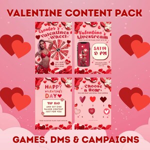 Puede incluir: Un paquete de contenido de San Valentín con un fondo rosa. La imagen presenta cuatro paneles con texto y gráficos, incluyendo corazones, una rueda y un teléfono. El texto incluye "Valentine Content Pack", "Happy Valentine's Day" y "Games, DMS & Campaigns".